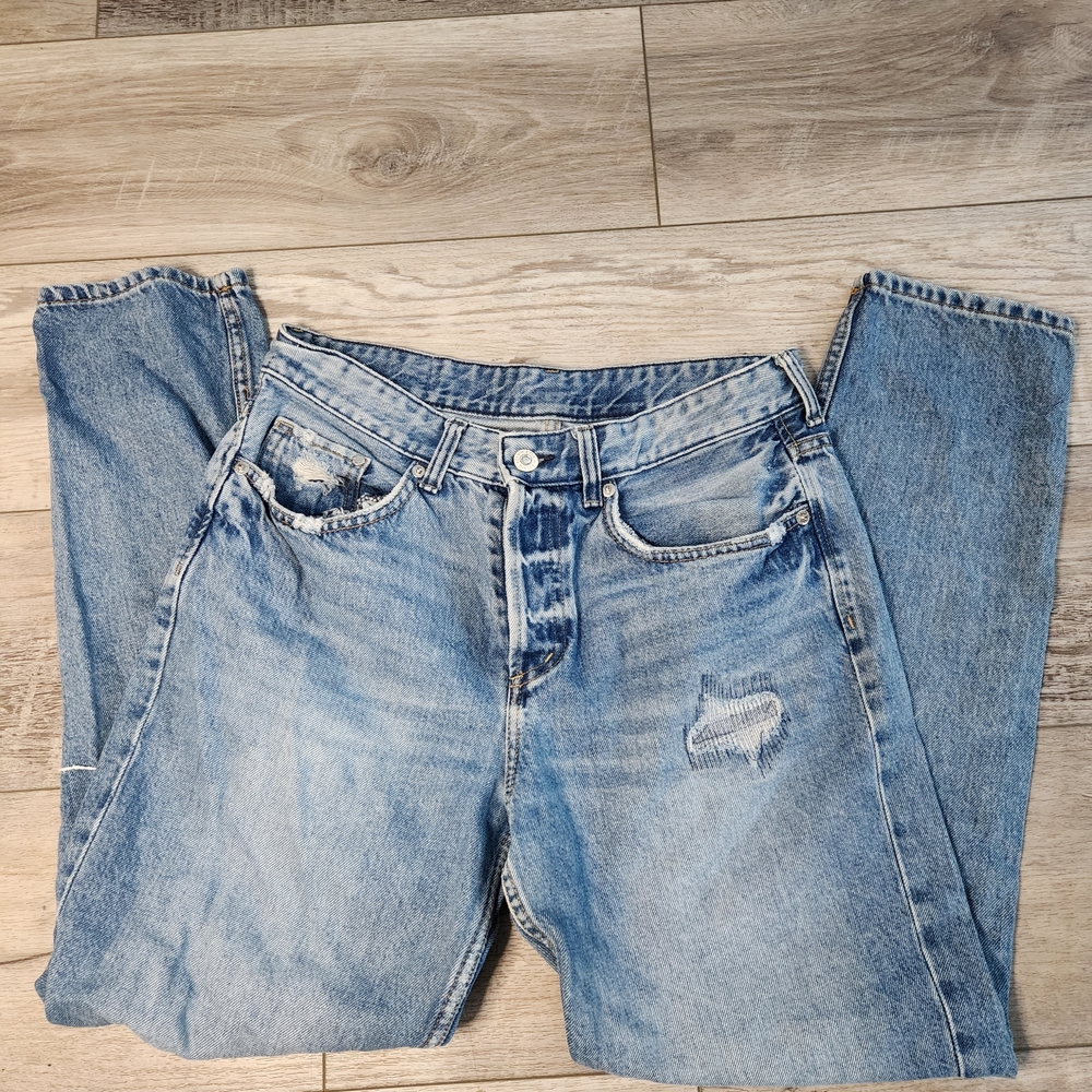 Women's &Denim Light Blue Distressed Jeans 27 Boyfriend Low Waist